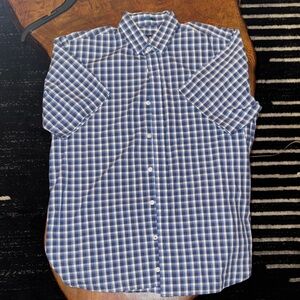 Men's Blue and White Plaid Button-Down Shirt